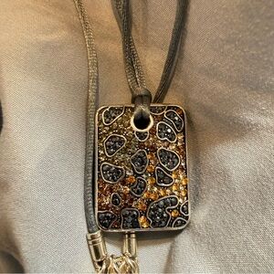 BRIGHTON LEOPARD TOTEM SPARKLING CRYSTAL PENDANT NECKLACE GRAY SILK CORD